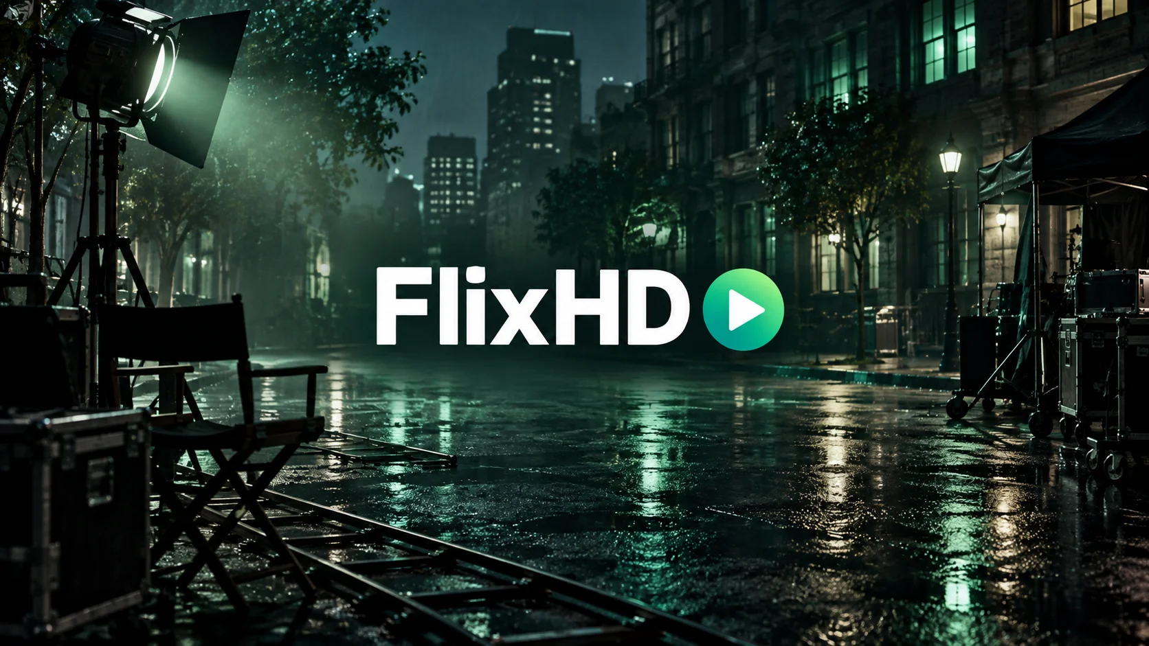 FlixHD in white beside a green play symbol on a cinematic night-time street set